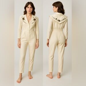 Cache Vintage Cream Jumpsuit with Sailor Collar Floral Detail Sz. 12 (Small)